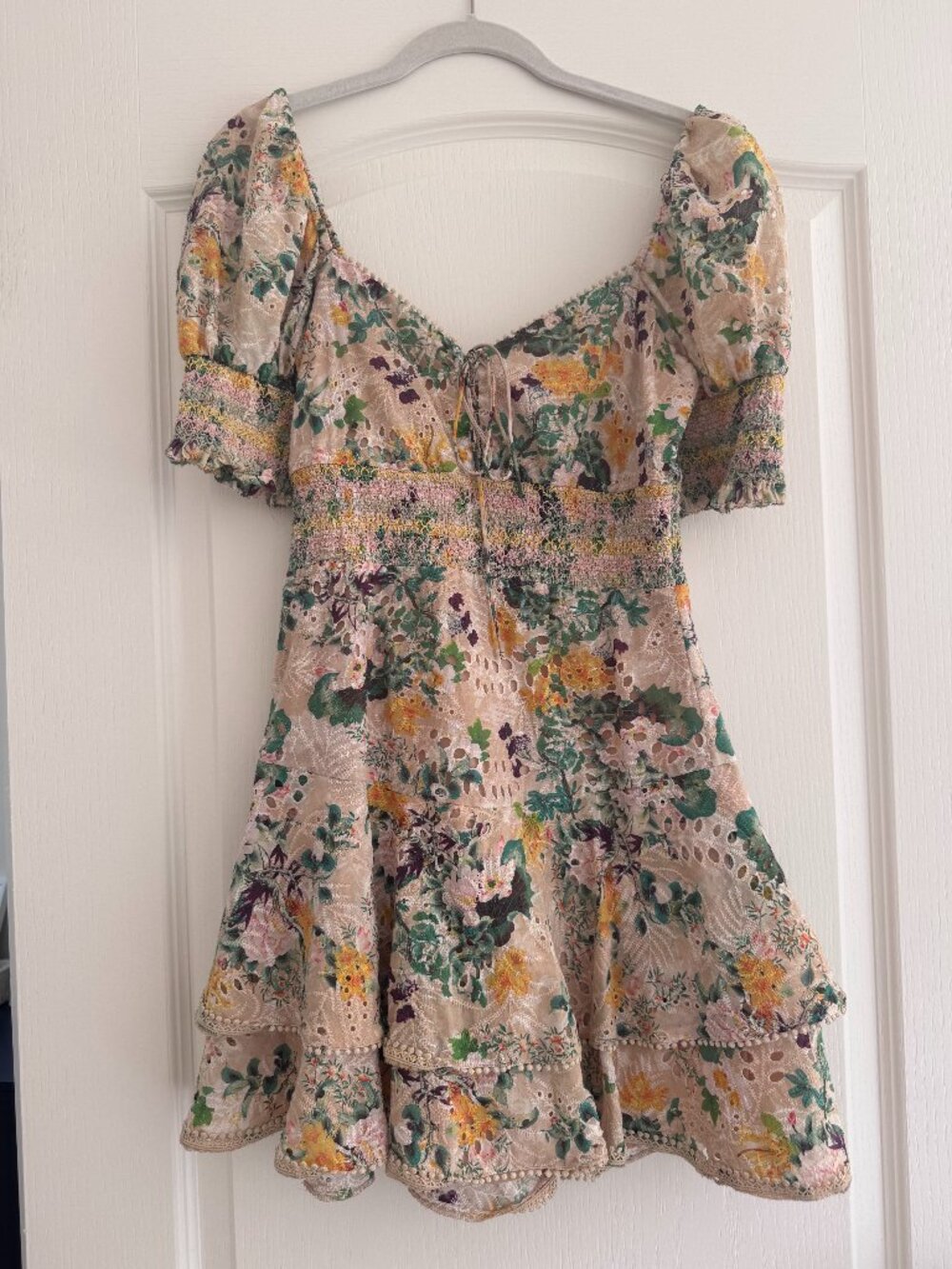 Alice + Olivia Crawford Floral Eyelet Puff Sleeve Mini Dress Size 2
